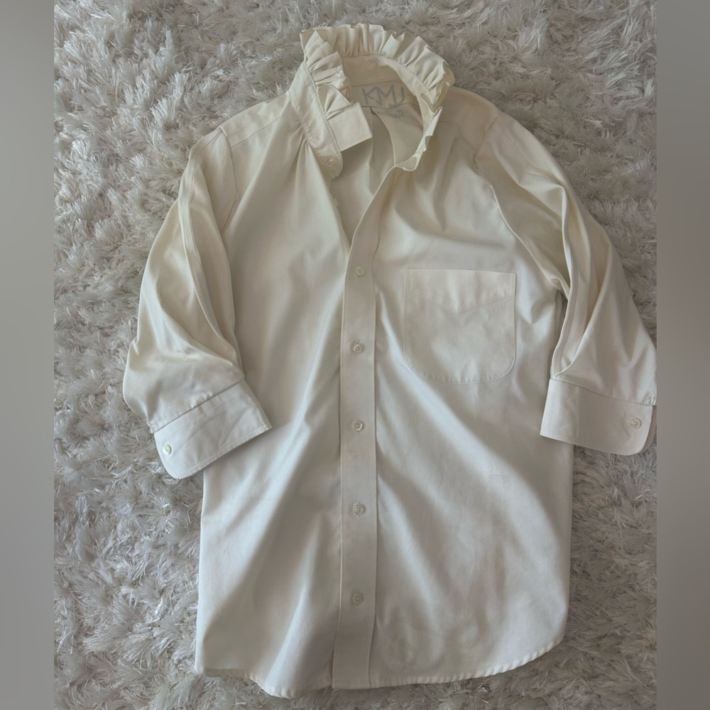 Women's Cream Button Down Shirt with Ruffled Collar